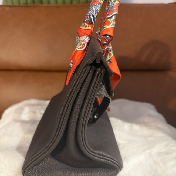 Birkin-Style Structured Tote Bag with Gold Hardware & Twilly Handle Wrap - Picture 2 of 6